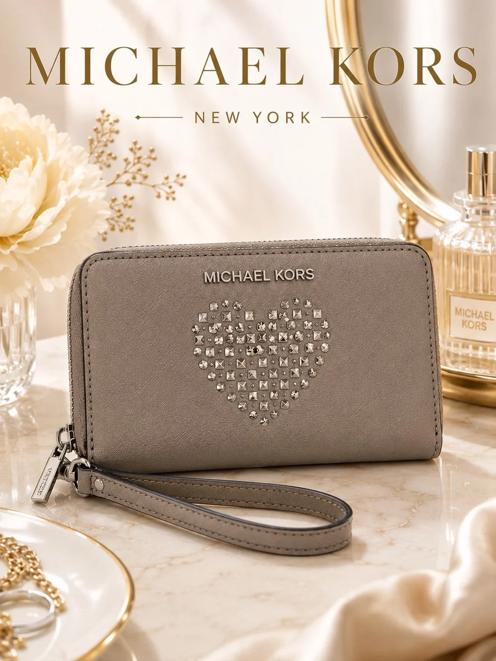 Michael Kors Studded Heart Saffiano Leather Zip Around Wristlet Wallet Gray